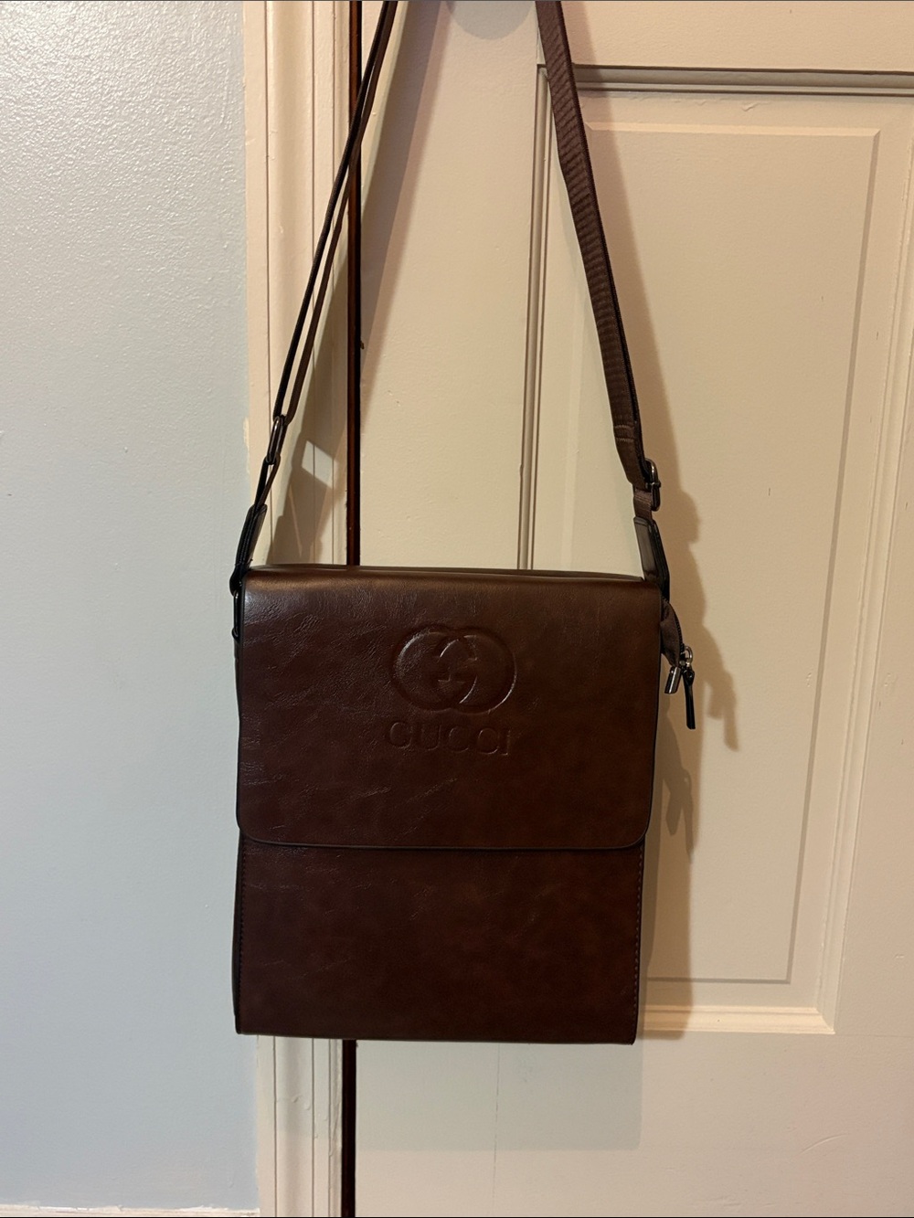 Gucci Dark Brown Leather Messenger Bag with Embossed Logo